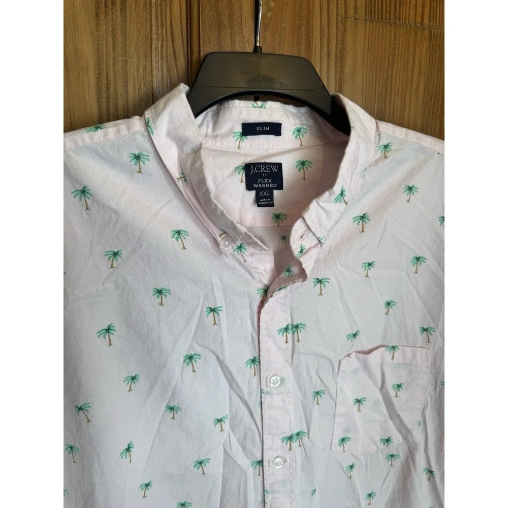 J.Crew Men Short-Sleeve‎ Flex Casual Shirt Slim Fit Pink Palm Tree Resort XXL